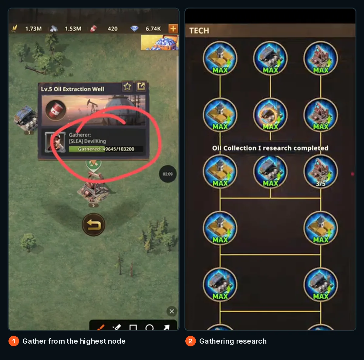 Gather from the highest resource node and unlock gathering research before logging off