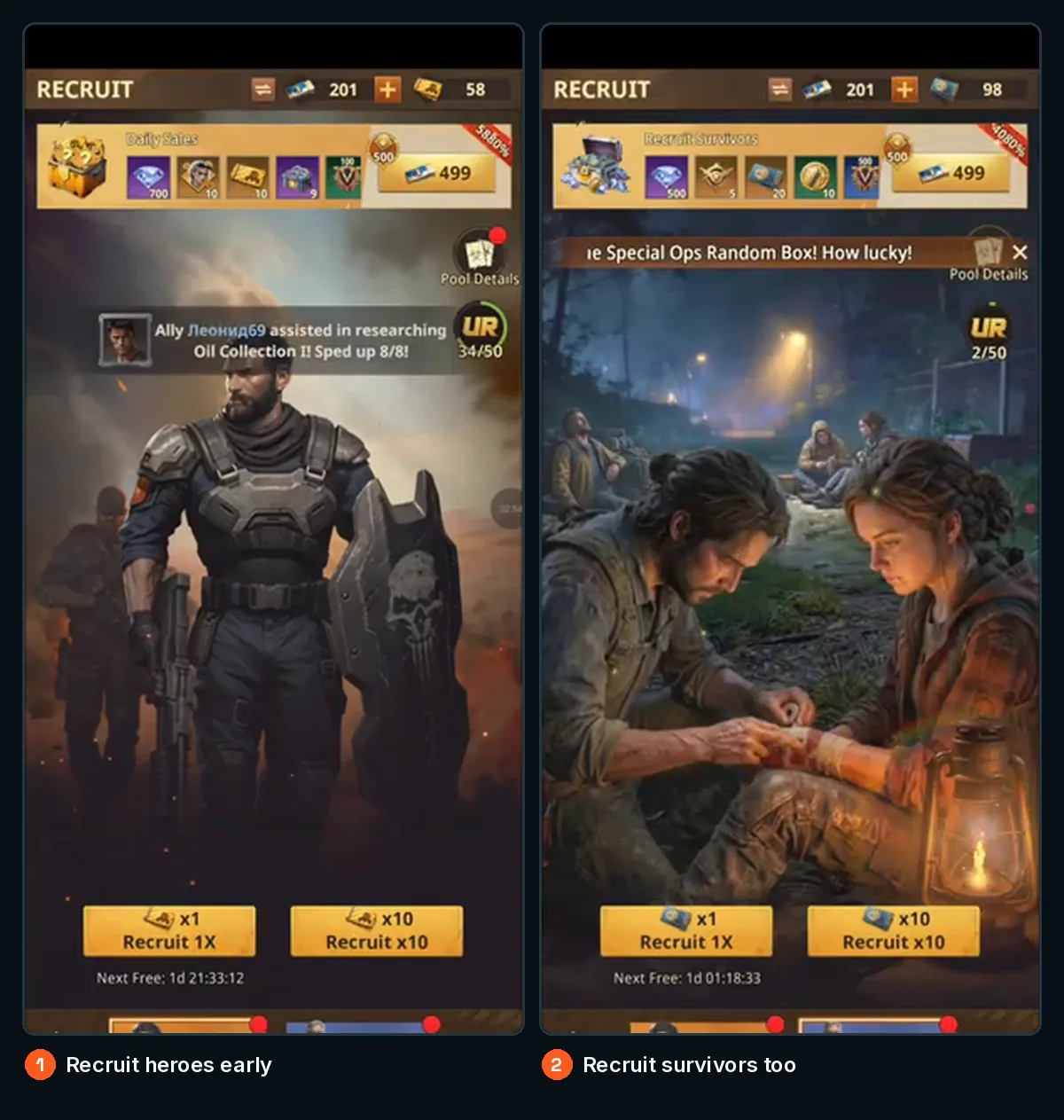 Hero and survivor recruitment screens — recruit early in the first week