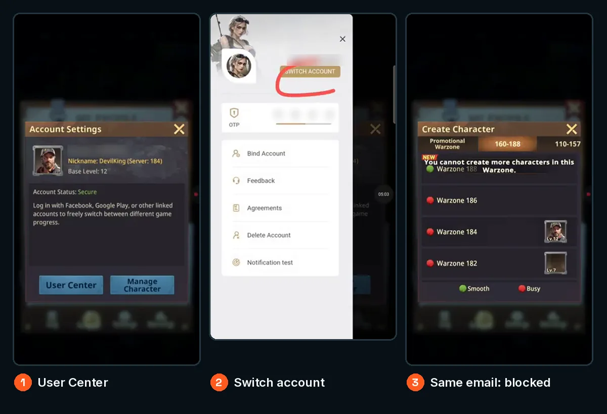 User Center Switch Account flow and same-email blocked on the same server