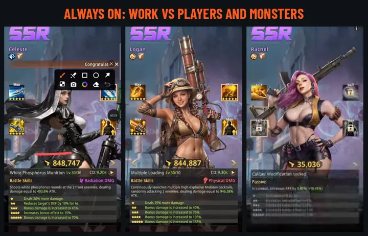 Layar skill dalam game untuk White Phosphorus Munition milik Celeste, Multiple Loading milik Logan, dan Caliber Modification milik Rachel, skill yang berfungsi melawan pemain