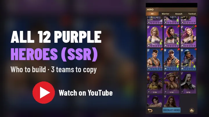 Watch on YouTube: Stop Upgrading These Purple Heroes in Z Route — SSR hero roster screen