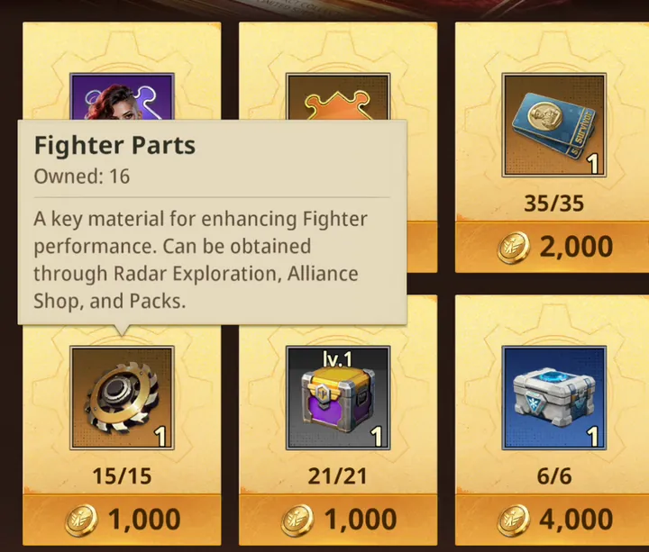 Z Route alliance shop में Fighter Parts का tooltip: fighter performance बढ़ाने के लिए एक जरूरी material, जो Radar Exploration, alliance shop और packs से मिलता है