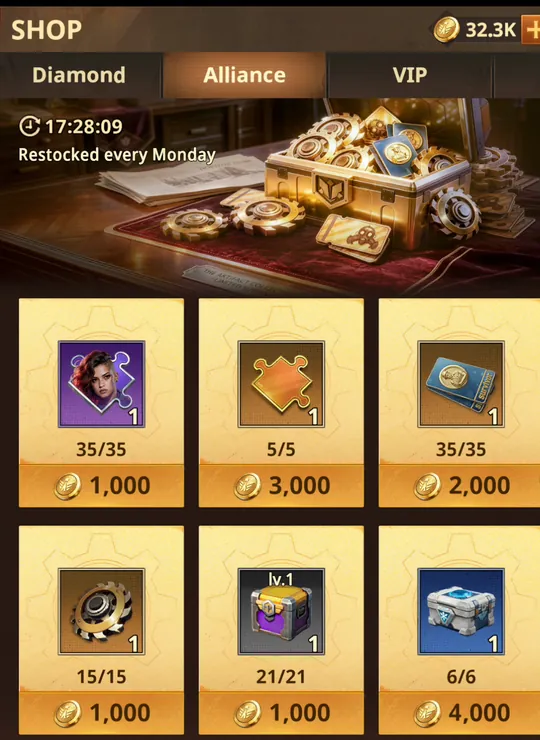 Z Route alliance shop tab restocked every Monday, showing Toxina shards, UR Omni Hero Shard, survivor recruit ticket, Fighter Parts, Lv.1 Fighter Component Chest, Wingman SR Chest and 24h, 12h and 8h shields