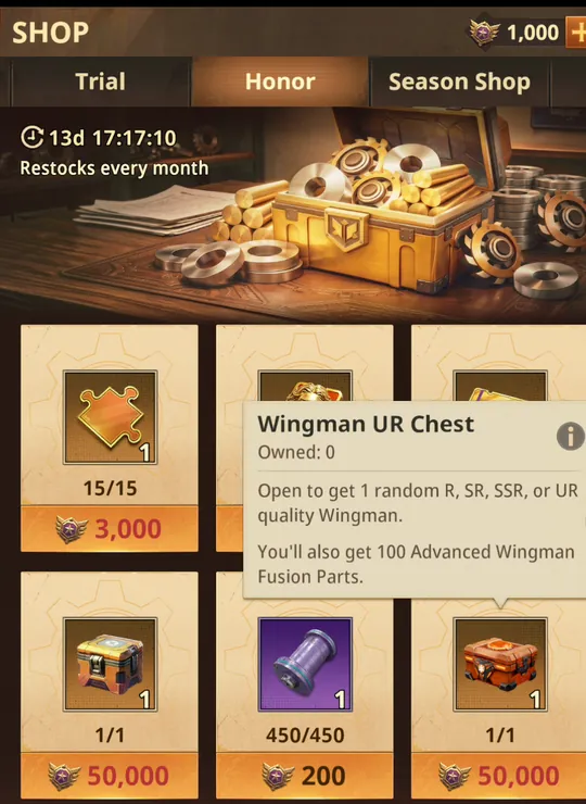 Z Route Honor shop with the Wingman UR Chest tooltip: open to get 1 random R, SR, SSR or UR quality wingman, plus 100 Advanced Wingman Fusion Parts