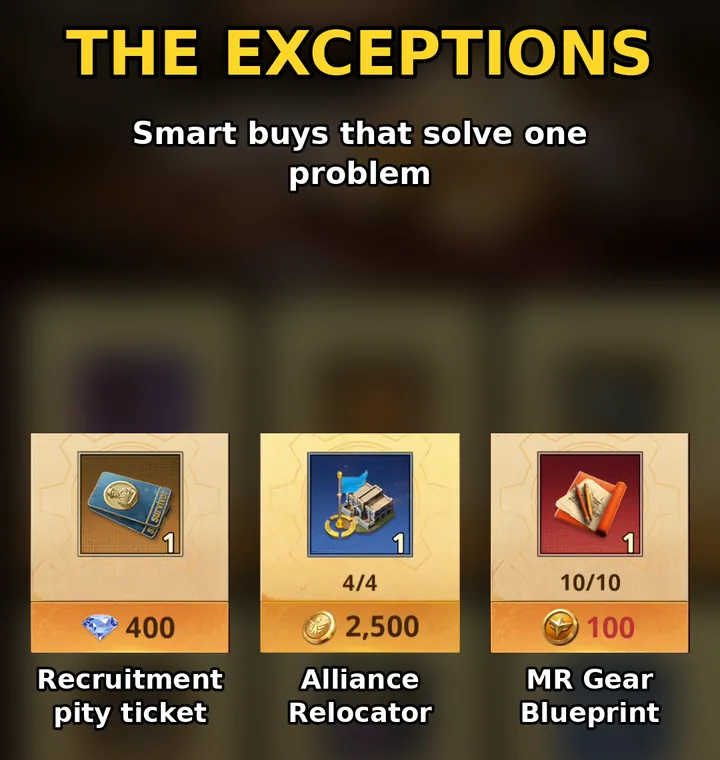 Smart exception buys in Z Route shops: the recruitment pity ticket for diamonds, the alliance relocator for 2,500 alliance coins and the MR Gear Blueprint